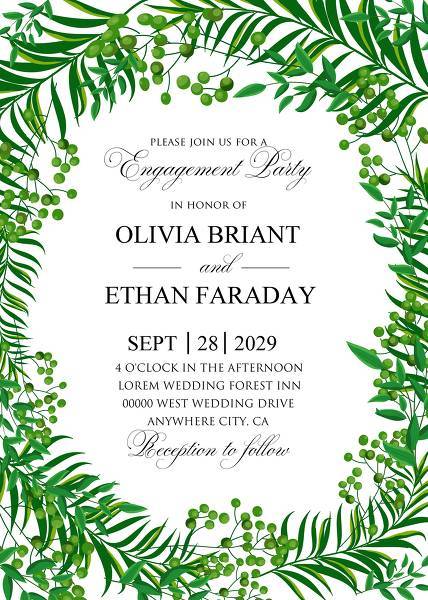 Greenery herbal Wedding Invitation, floral invite thank you, rsvp modern card design green tropical palm leaf greenery eucalyptus branches decorative wreath frame pattern elegant watercolor rustic template edit template