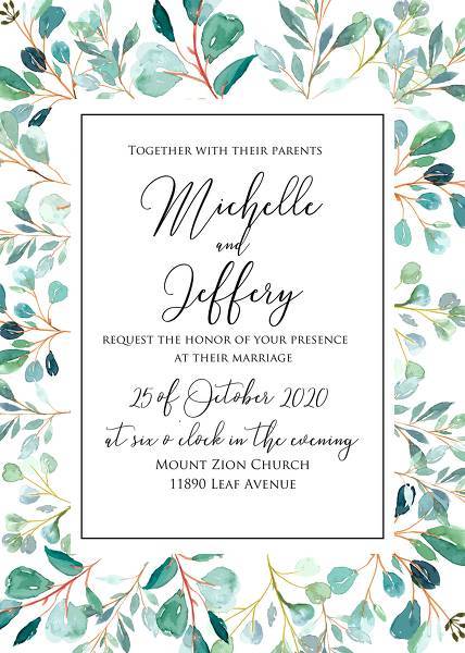 Wedding invitation, invitation menu, rsvp, wedding details, seating chart, engagement, baby shower, bridal shower invitation, thank you card, floral greenery design. Forest fern frond, Eucalyptus branch green leaves foliage herbs greenery berry frame border. Watercolor template set