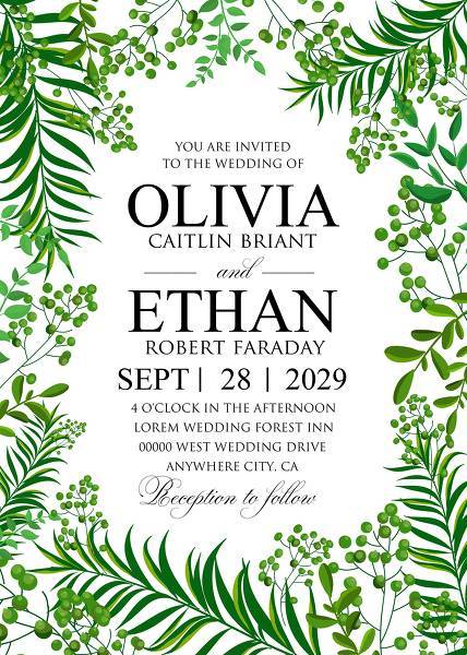 Greenery herbal Wedding Invitation, floral invite thank you, rsvp modern card design green tropical palm leaf greenery eucalyptus branches decorative wreath frame pattern elegant watercolor rustic template invitation editor