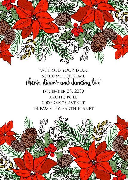 Red Poinsettia Christmas party invitation flyer winter floral fir tree pine cone background bridal shower baby shower christening baptism birthday card anniversary poinsettia winter holiday wreath invitation editor