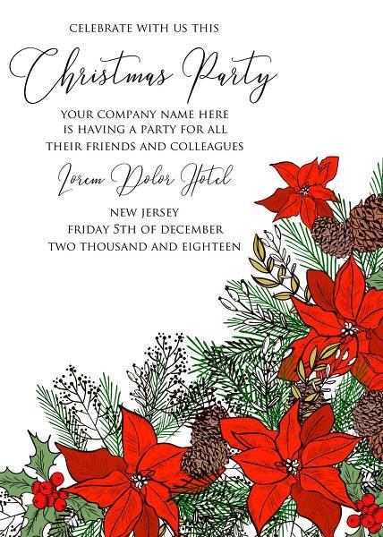 Red Poinsettia Christmas party invitation flyer winter floral fir tree pine cone background bridal shower baby shower christening baptism birthday card anniversary poinsettia winter holiday wreath online maker