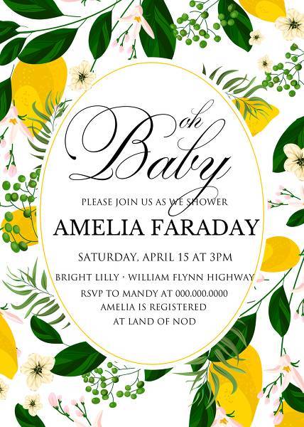 Lemon Wedding Invitation template printable greenery baby shower, bridal shower, engagement party, wedding details card, thank you, menu design, seating chart, table card, rsvp customize online