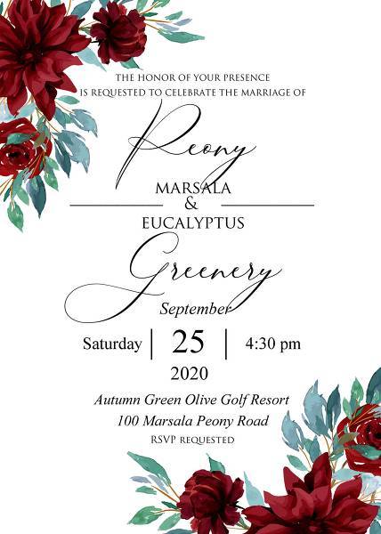 Marsala Peony rose dahlia eucalyptus Wedding Invitation set