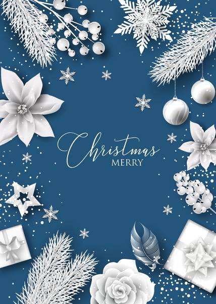Merry Christmas and Happy New Year invitation card freeze white winter paper cut elements snowflake fir realistic rose poinsettia flower snow berry feather gift box on blue background invitation maker