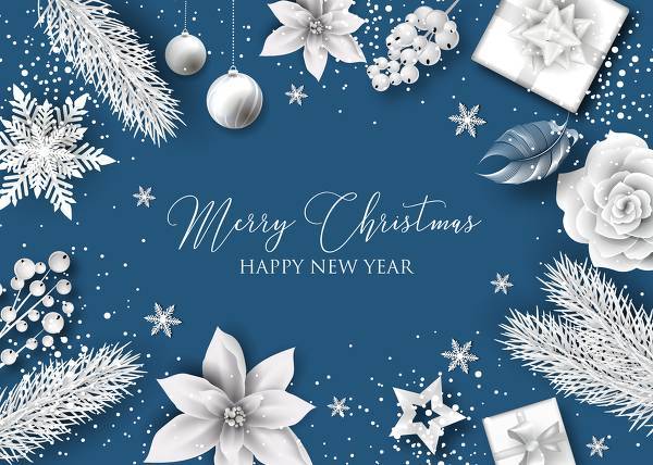 Merry Christmas and Happy New Year invitation card freeze white winter paper cut elements snowflake fir realistic rose poinsettia flower snow berry feather gift box on blue background 