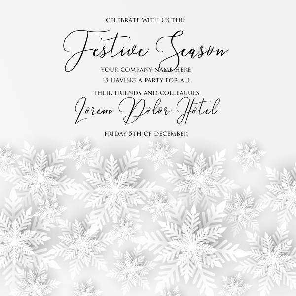 Merry Christmas Party invitation. White Origami Paper cut snow flake. Happy New Year Decoration. Winter snowflakes background. Seasonal holidays. Snowfall. Origami. Gray background instant maker