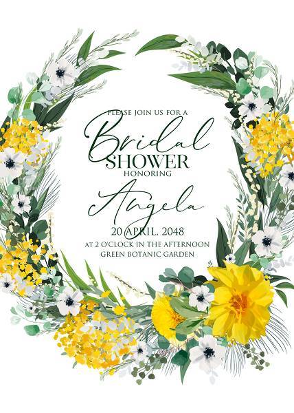 Mimosa, yellow sunflower, dahlia greenery herbs, green grass spring floral wedding invitation set  edit online