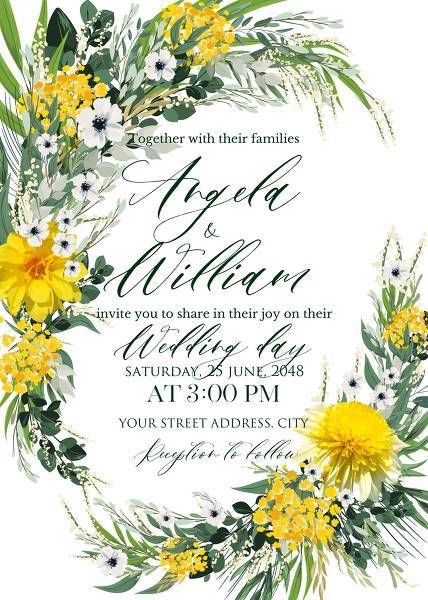 Mimosa, yellow sunflower, dahlia greenery herbs, green grass spring floral wedding invitation set  online maker