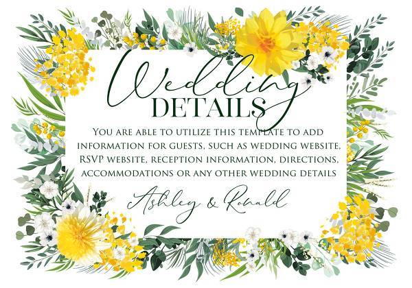 Mimosa, yellow sunflower, dahlia greenery herbs, green grass spring floral wedding invitation set  personalized invitation
