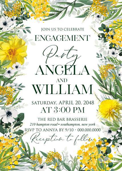 Mimosa, yellow sunflower, dahlia greenery herbs, green grass spring floral wedding invitation set  edit template
