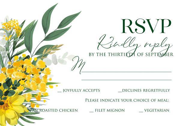 Mimosa, yellow sunflower, dahlia greenery herbs, green grass spring floral wedding invitation set  online editor