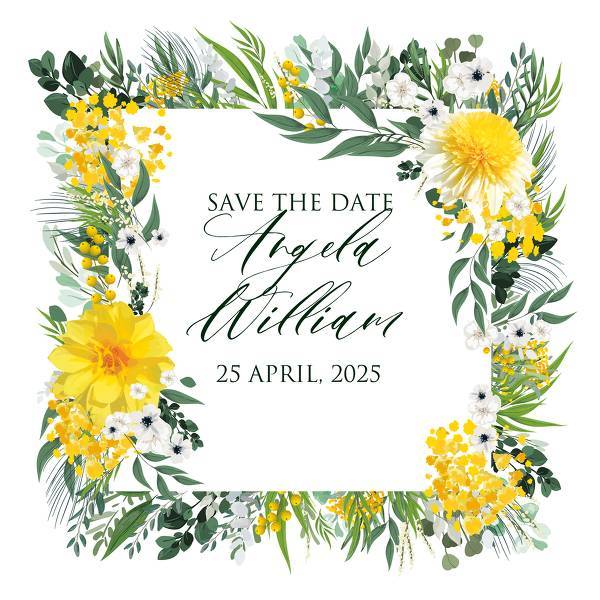 Mimosa, yellow sunflower, dahlia greenery herbs, green grass spring floral wedding invitation set  invitation maker