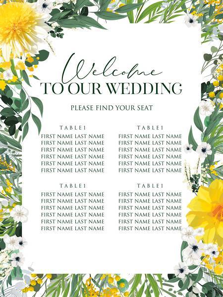 Mimosa, yellow sunflower, dahlia greenery herbs, green grass spring floral wedding invitation set  invitation editor