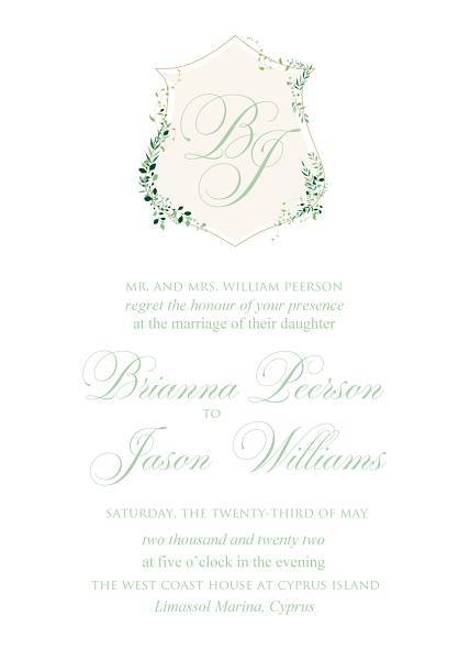 A stylish wedding stationery design featuring an oversize monogram of the Bride and Grooms initials in elegant calligraphy and pink peony flowers and greenery