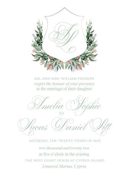 A stylish wedding stationery design featuring an oversize monogram of the Bride and Grooms initials in elegant calligraphy and pink peony flowers and greenery edit online