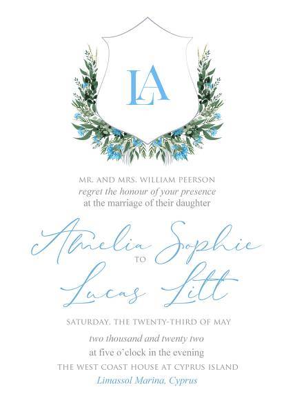 A stylish wedding stationery design featuring an oversize monogram of the Bride and Grooms initials in elegant calligraphy and pink peony flowers and greenery edit template