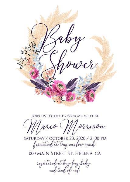 Pampas grass baby shower wedding invitation set pink peony flower pdf custom online editor 5x7 in decoration bouquet