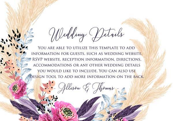 Pampas grass details card wedding invitation set pink peony flower pdf custom online editor 5x3.5 in floral greeting card