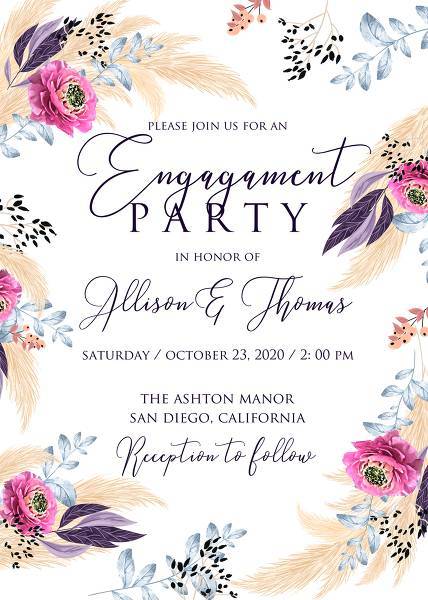 Pampas grass engagement party wedding invitation set pink peony flower pdf custom online editor 5x7 in thank you card