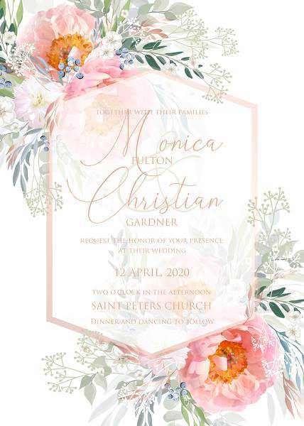 Pink peony wedding invitation card template rustic wedding style theme trend 2020. Wedding custom online wording.  invitation editor