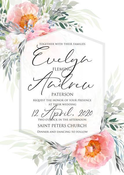 Pink peony wedding invitation card template rustic wedding style theme trend 2020. Wedding custom online wording.  invitation maker