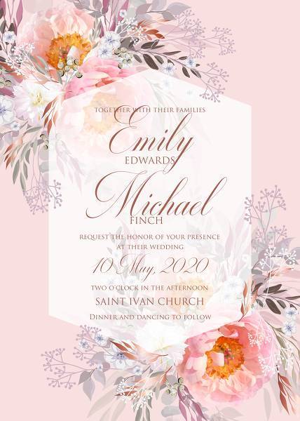 Pink peony wedding invitation card template rustic wedding style theme trend 2020. Wedding custom online wording.  personalized invitation