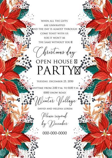 Poinsettia Christmas party Invitation card template winter holiday greeting card noel edit online