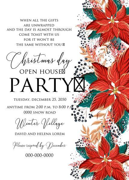 Poinsettia Christmas party Invitation card template winter holiday greeting card noel personalized invitation