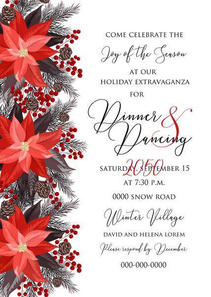 Poinsettia fir winter Merry Christmas Party invitation card template flyer poster holiday greeting card/ Wedding invitation customize online