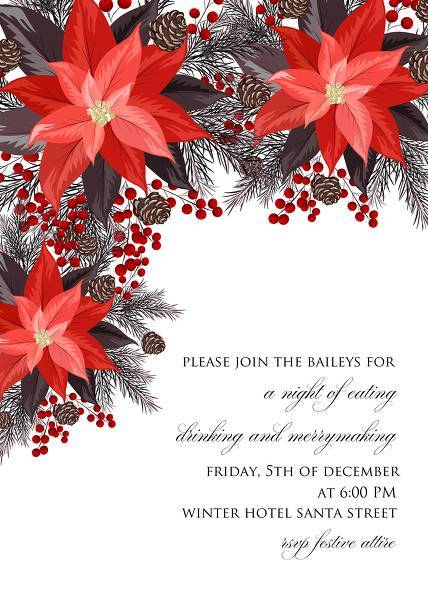 Poinsettia fir winter Merry Christmas Party invitation card template flyer poster holiday greeting card/ Wedding invitation online editor