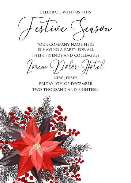 Poinsettia fir winter Merry Christmas Party invitation card template flyer poster holiday greeting card/ Wedding invitation maker