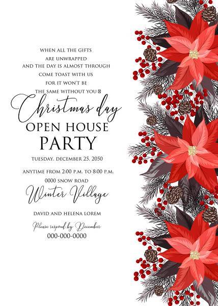 Poinsettia fir winter Merry Christmas Party invitation card template flyer poster holiday greeting card/ Wedding invitation personalized invitation