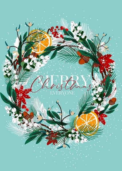 Poinsettia Merry Christmas greeting card or party invitation sale banner winter floral fir tree wreath poinsettia red flower red berry PDF download