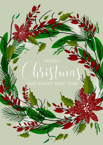 Poinsettia Merry Christmas greeting card or party invitation sale banner winter floral fir tree wreath poinsettia red flower red berry PDF editor