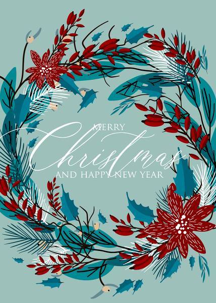 Poinsettia Merry Christmas greeting card or party invitation sale banner winter floral fir tree wreath poinsettia red flower red berry PDF template