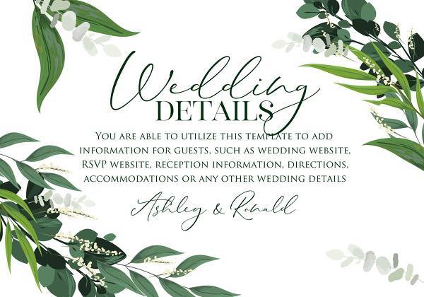 Personalized greenery wreath wedding invitations suite modern rustic style . Greens in the decor at a summer wedding trends 2020. Green garlands are another trend this spring. They curl along the arches for ceremonies, decorate tables and doorways. personalized invitation