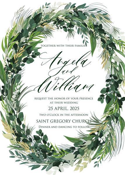 Personalized greenery wreath wedding invitations suite modern rustic style . Greens in the decor at a summer wedding trends 2020. Green garlands are another trend this spring. They curl along the arches for ceremonies, decorate tables and doorways.
