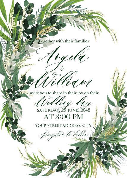 Personalized greenery wreath wedding invitations suite modern rustic style . Greens in the decor at a summer wedding trends 2020. Green garlands are another trend this spring. They curl along the arches for ceremonies, decorate tables and doorways. online maker