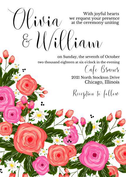 Pink rose wedding invitation and camomile design personalized invitation