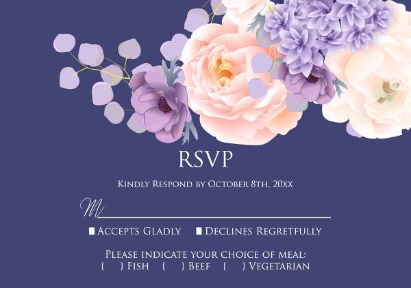 RSVP card pink peach peony hydrangea violet anemone eucalyptus greenery pdf custom online editor anniversary invitation 5x3.5 size