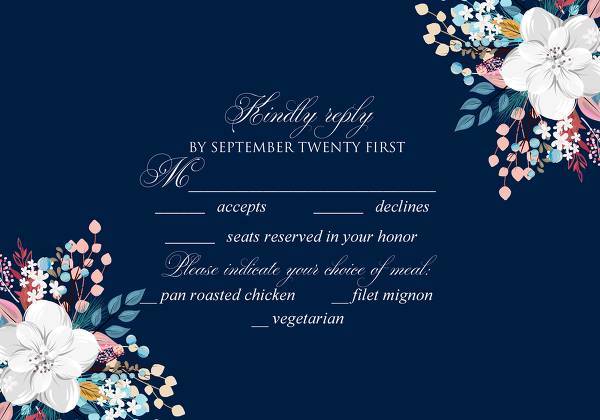 white anemone navy blue background wedding invitation set rsvp card, bridal shower, baby shower invitation, wedding details, menu, seating chart, engagement party card, thank you card, edit online print at home template