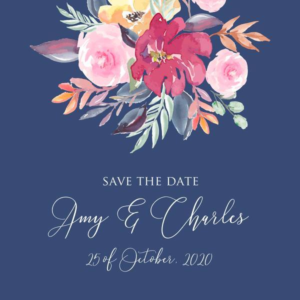 Wedding invitation set watercolor marsala peony pink rose yellow anemone eucalyptus greenery pdf on navy blue background customize online