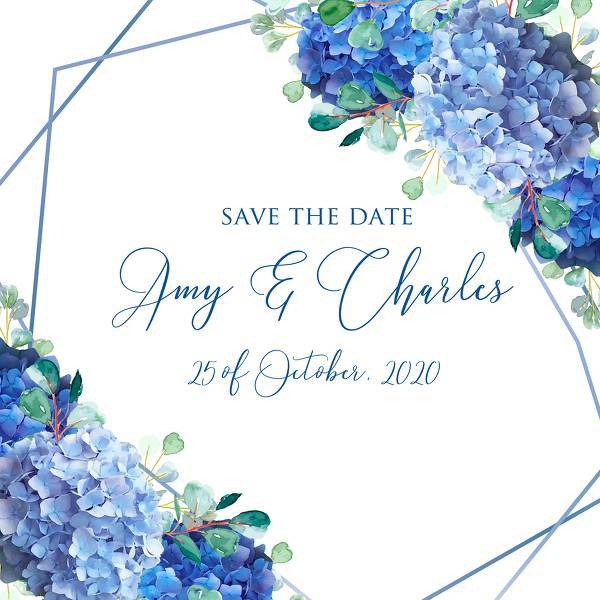 Blue hydrangea eucalyptus greenery wedding invitation set, floral invitations, baby shower, bridal shower, engagement, seating chart,wedding details, save the date, table, menu, thank you, rsvp card design. Blue, purple, sapphirine flower of hydrangea flowers on a white background customize online