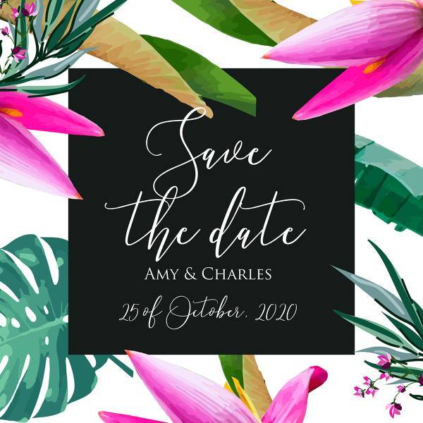 Wedding invitation card set pink pink tropical flowers of banana grass leaves palm edit online