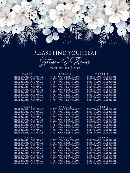 Seat card white hydrangea navy blue background floral card online invitation template card maker custom editor 18x24