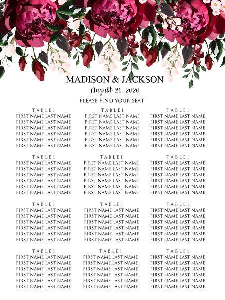 Seating chart Marsala dark red peony wedding invitation greenery burgundy floral customize online cards