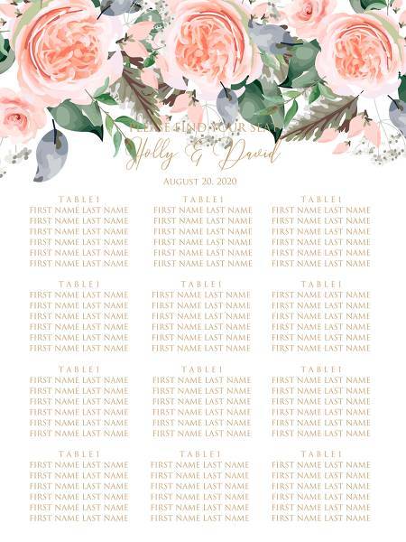 Seating Chart Poster Peach lavender pink garden Rose, eucalyptus, green palm leaves, forest fern greenery geometric golden frame 