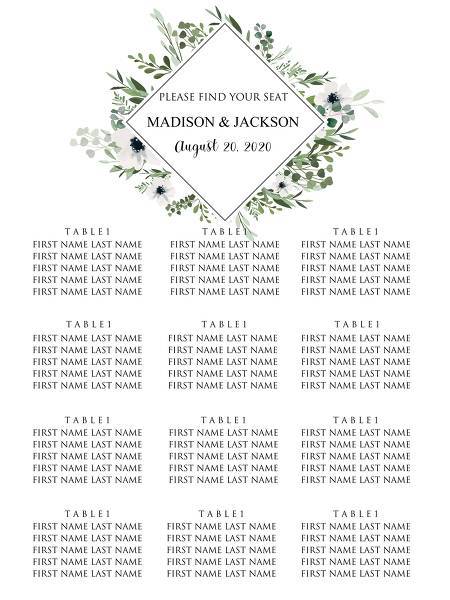 Wedding invitation, baby shower, wedding menu, information, engagement, label, table number and place card design with elegant white anemone, eucalyptus branches, leaves pattern. Vector template set golden frame