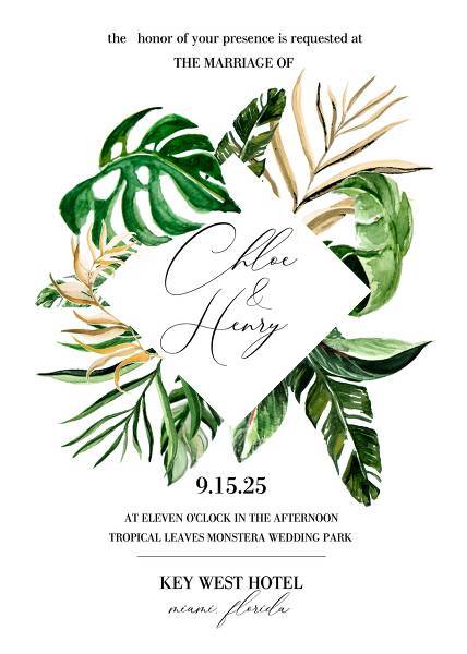 Tropical Philodendron Palm Leaves Modern wedding invitation template editable wedding invitation printable edit text calligraphy font customizable template