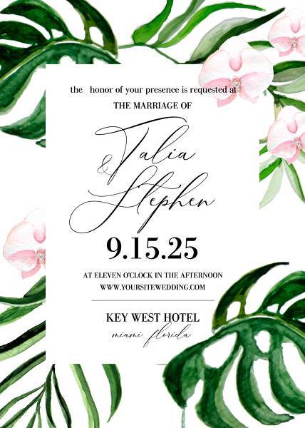 Watercolor pink orchid flower tropical wedding invitation template editable wedding invitation printable edit text calligraphy font edit online